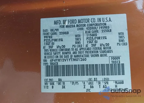 2000 Mazda B3000 Se/Sx z USA, uszkodzony, nr VIN 4F4YR12V1YTM01260